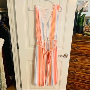 NWT LOFT Stripe Pleated Tie Waist Midi Dress